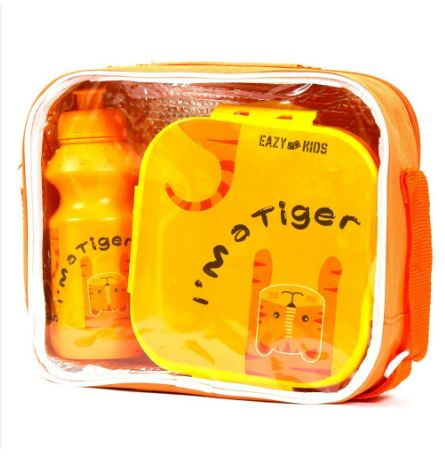 Eazy Kids Lunch Box and Water Bottle With Bag - Tiger Yellow