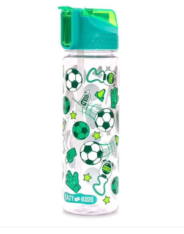 Eazy Kids Tritan Water Bottle w/ 2in1 drinking, Flip lid and Sipper, Soccer - Green, 650ml