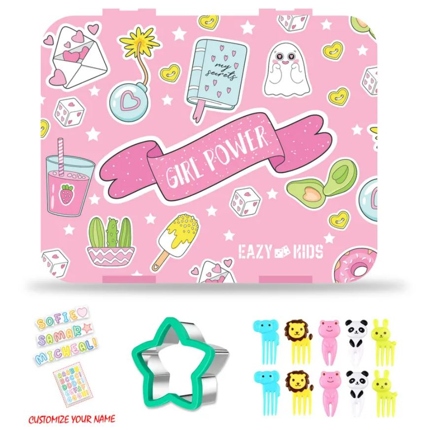 Eazy Kids 5 & 4 Convertible Bento Lunch Box wt Sandwich Cutter Set - Girl Power - Pink