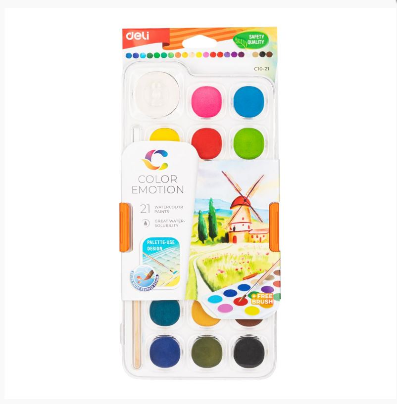 Deli Watercolour Paints With Brush 21 Colours, EC10-21