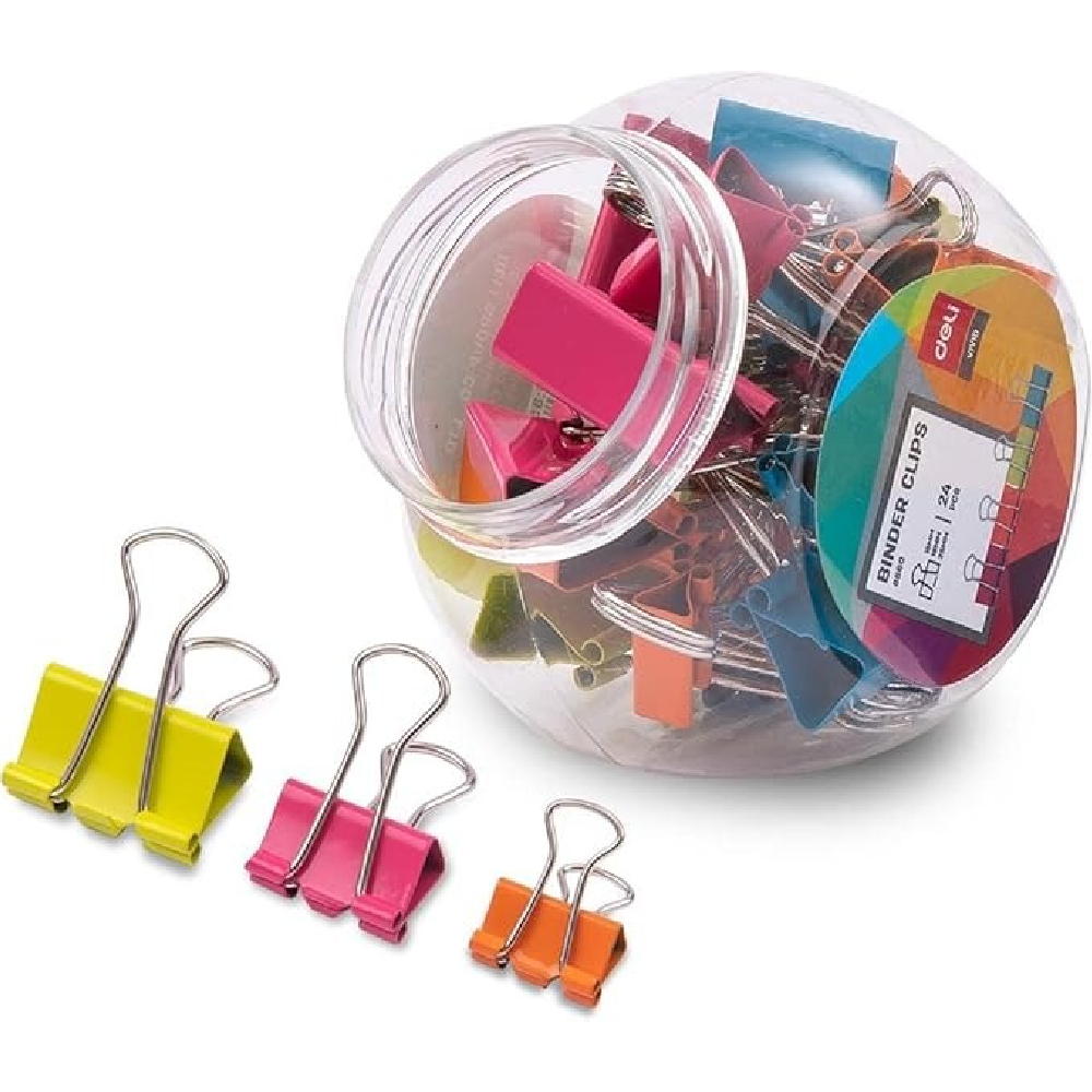 Deli Paper Clips, 24 Pieces, Size 25mm/19mm/15mm, Multiple Colors - E8560