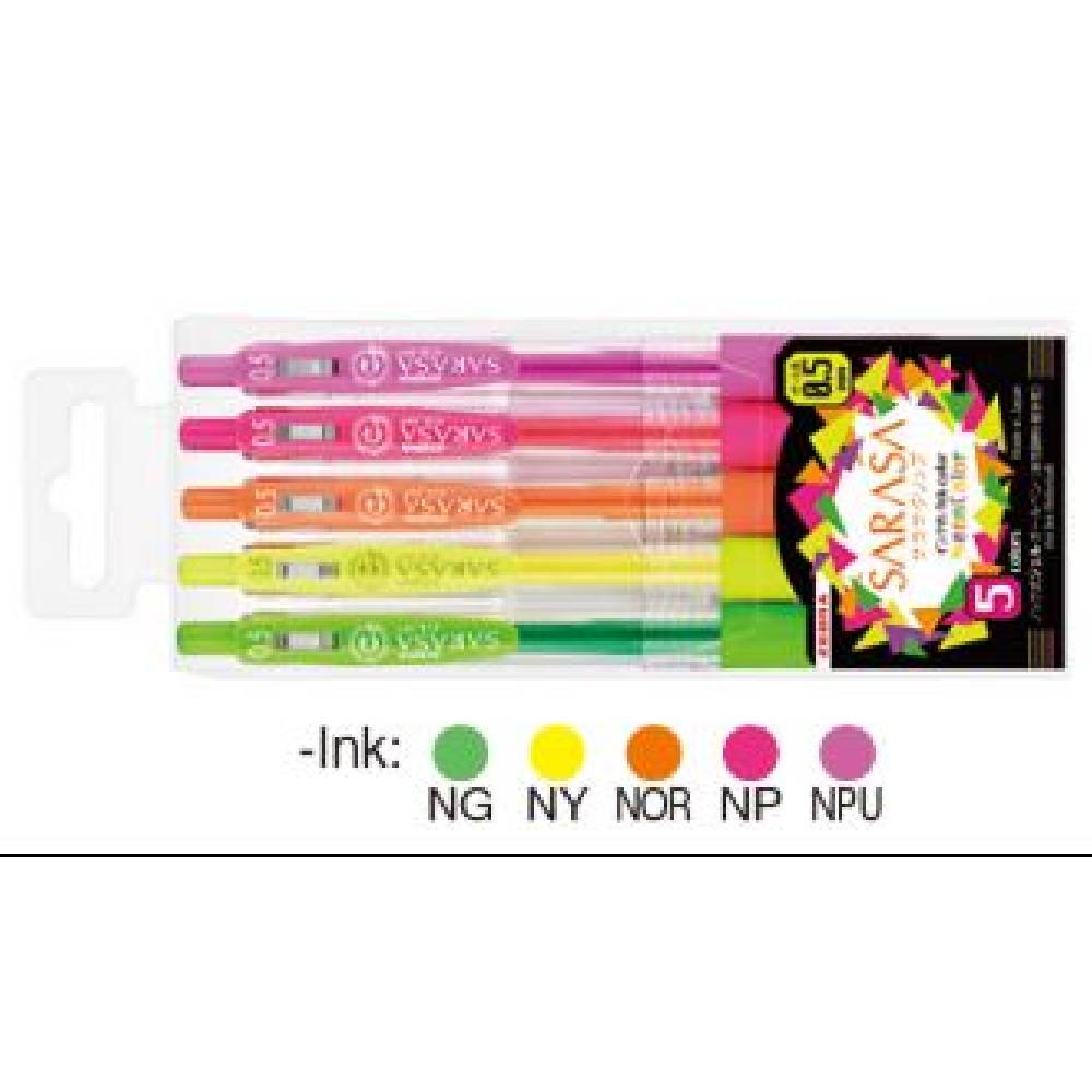 Zebra Sarasa Clip Pen 0.5mm, Neon Colors, 5 PCS