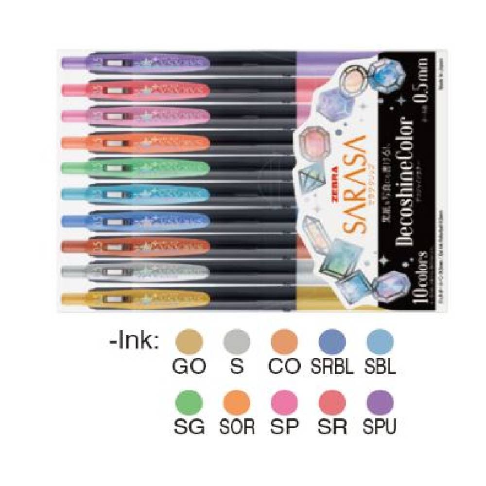 Zebra Sarasa Clip Pen 0.5mm, Decoshine, 10 Colors, 10 Pens