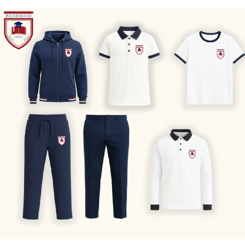 مجموعة الزي المدرسي ريتشموند للبنين، أبيض و كحلي، من الصف الرابع إلى الصف الثاني عشر، 6 قطع