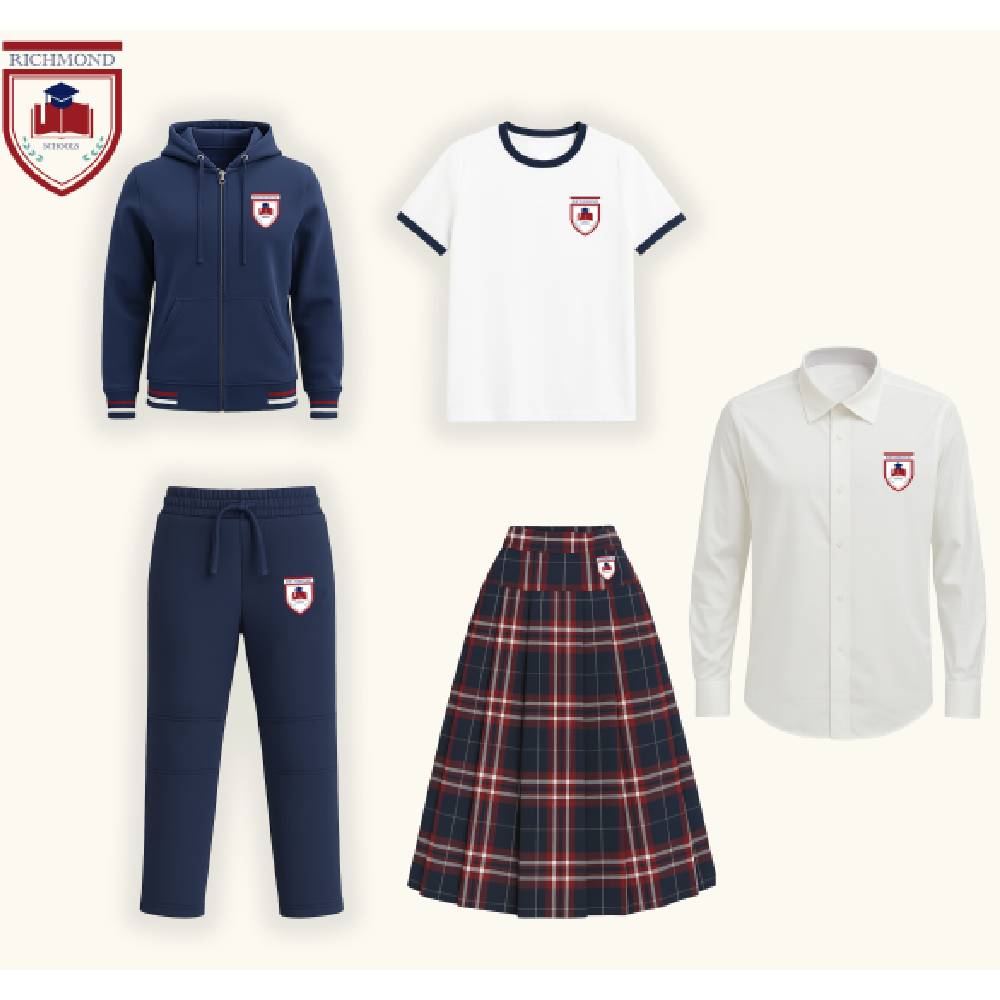 مجموعة الزي المدرسي ريتشموند للبنات، أبيض و كحلي، من الصف الرابع إلى الصف الثاني عشر، 5 قطع