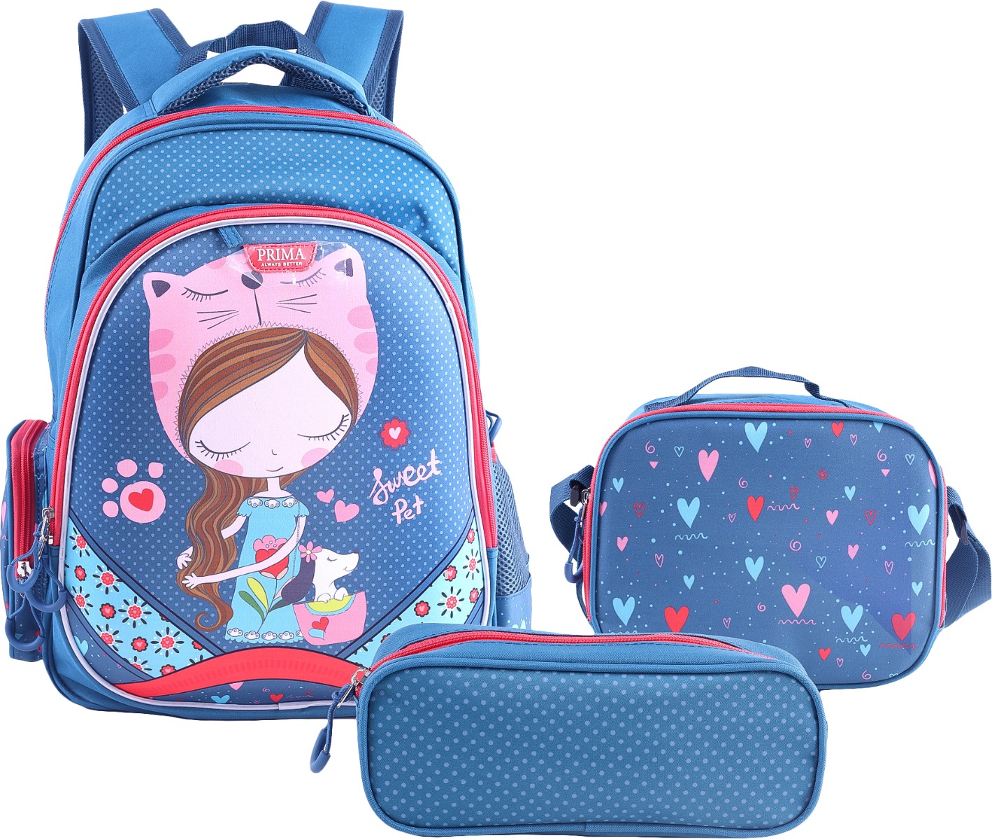 Prima Backpack with Lunch Bag and Pencil Case - Sweet Pet for Girls-18 inch