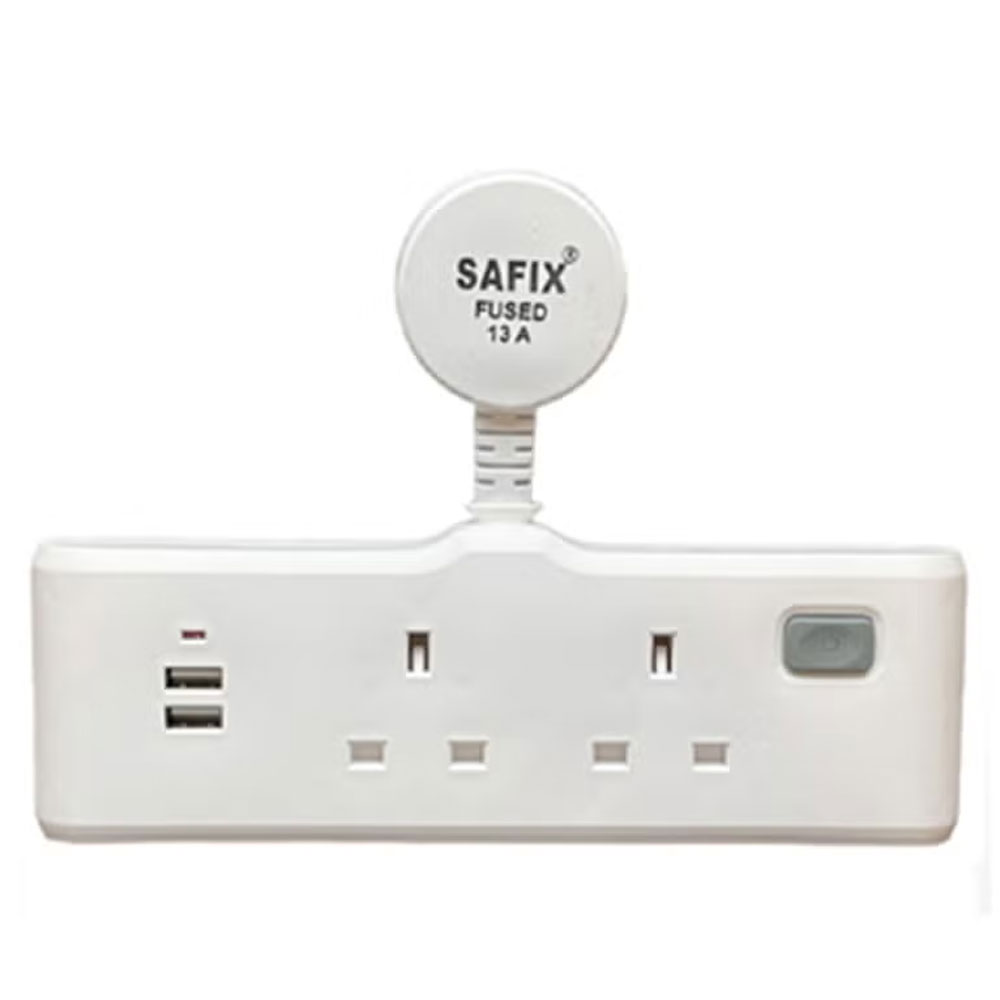 Safix Multi Plug Power Extension Adapter with 2 Usb Wall Sockets, White